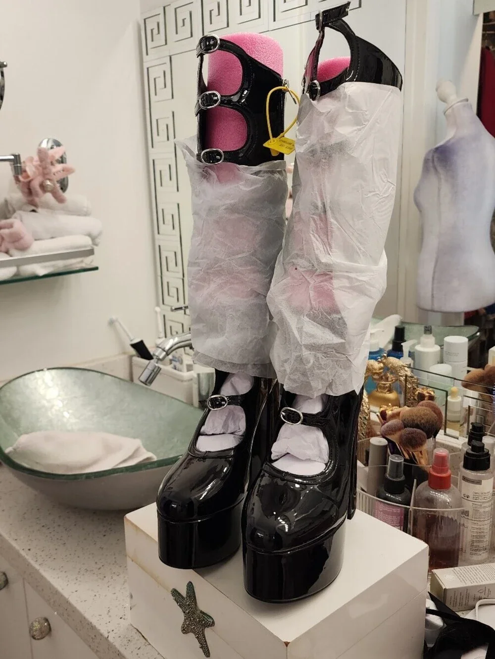 Frankie Hsu Gothic Lolita Buckle Strap Knee High Boots.